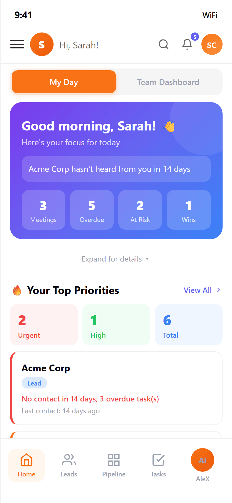SweetSpot mobile dashboard showing daily brief, pipeline, and priorities