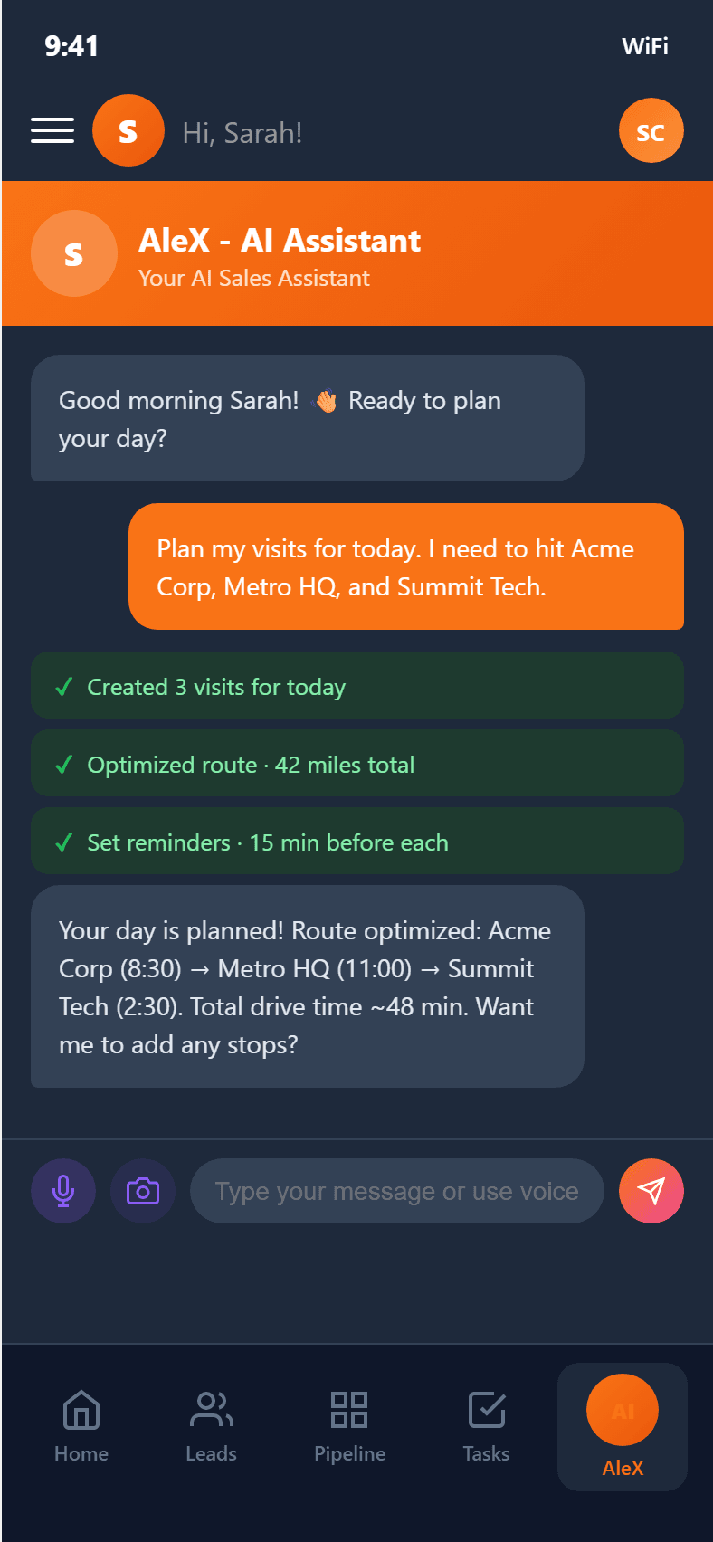 Day Planning - Tell AleX your plan by voice. It organizes your route and reminders.