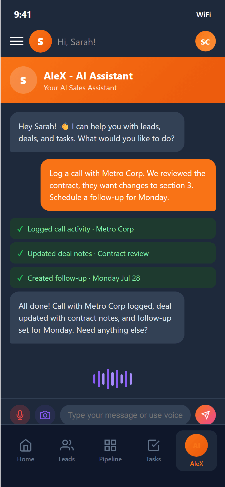 AleX AI assistant accepting voice commands and automating actions